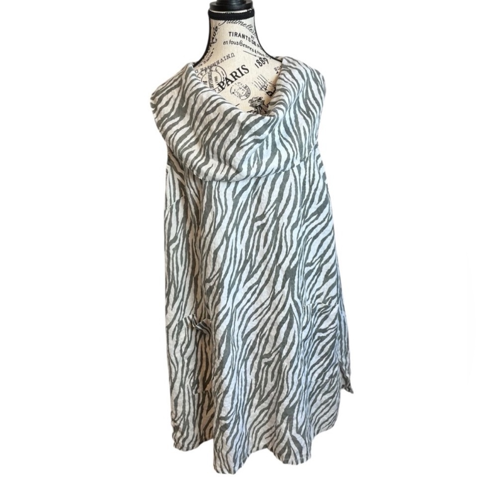 Match Point 100% Linen Grey Zebra Print Lagenlook Bohemian Tunic Mini Dress - Picture 2 of 10